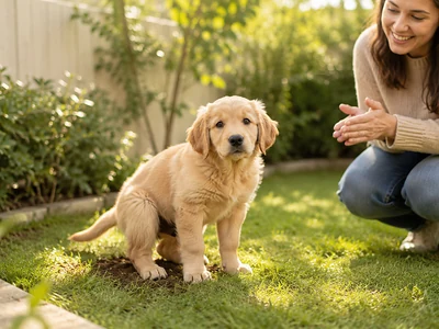 welpe löst sich im Garten neben Frauchen