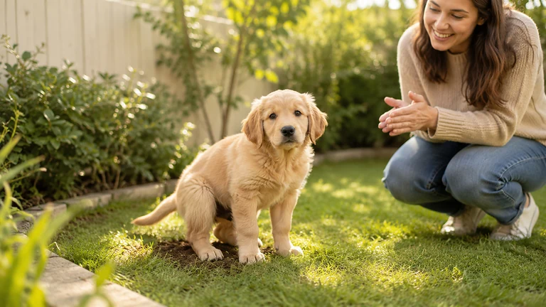 welpe löst sich im Garten neben Frauchen