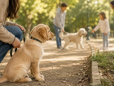 Welpe sitzt ruhig und schaut anderen Hund beim Spielen mit Menschen zu
