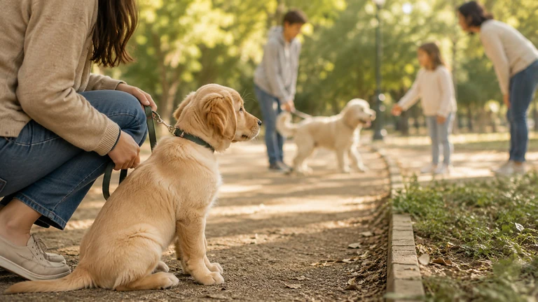 Welpe sitzt ruhig und schaut anderen Hund beim Spielen mit Menschen zu