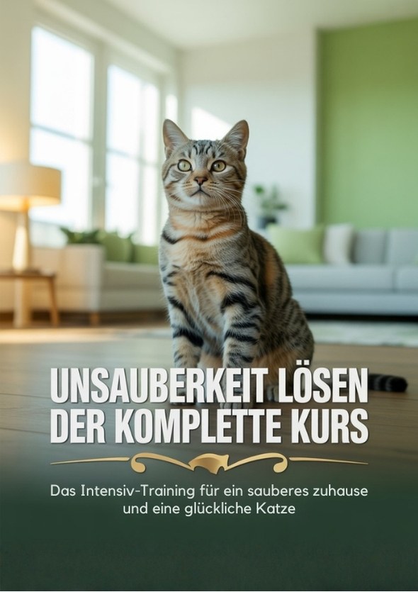 sitzende Katze in einem Wohnzimmer mit weißem Sofa
