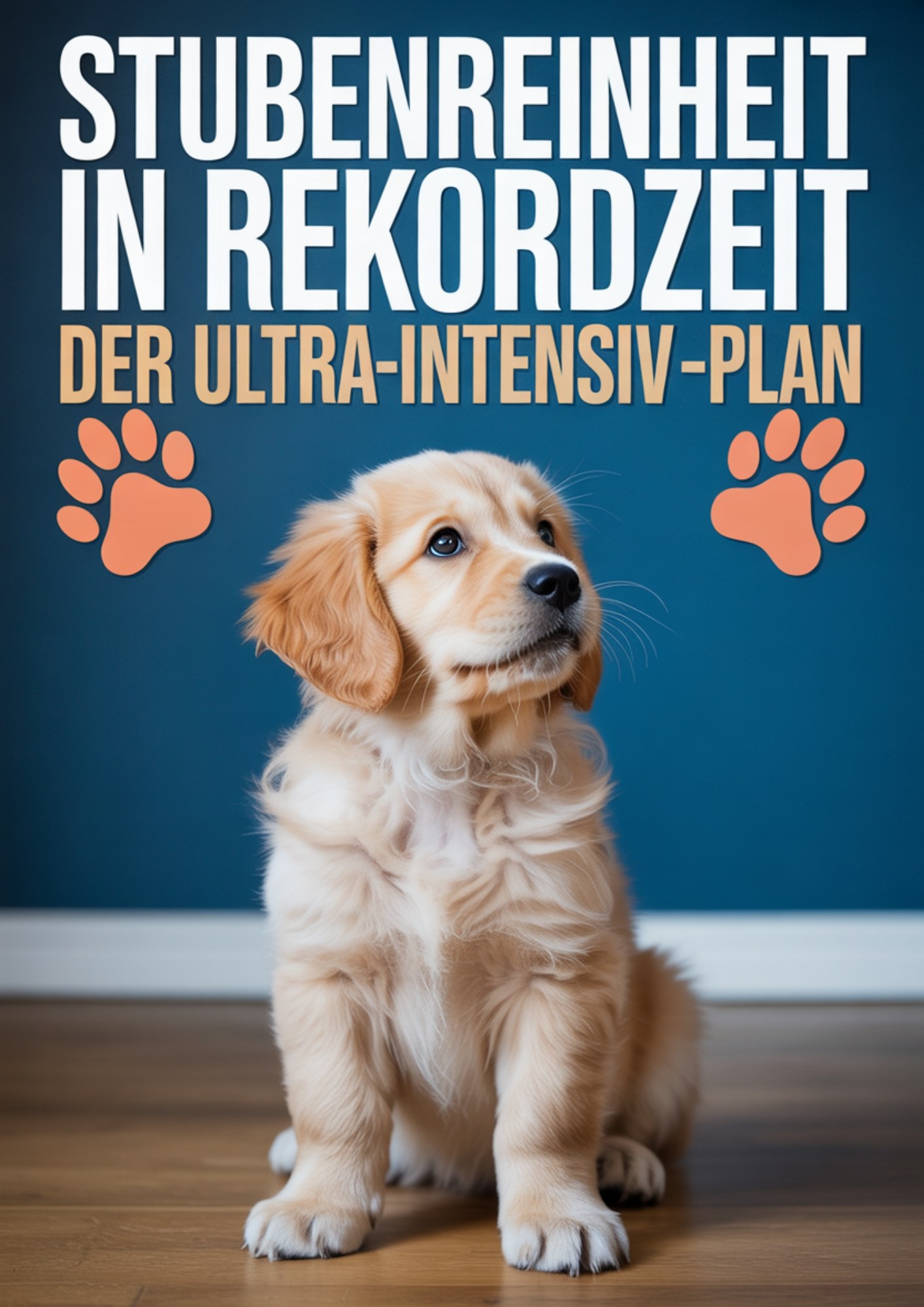 Goldener Retriever Welpe sitzt auf Holzboden vor blauer Wand mit Text „Stubenreinheit in Rekordzeit – Der Ultra-Intensiv-Plan“ und Pfotenabdrücken – Cover zur Welpenerziehung.