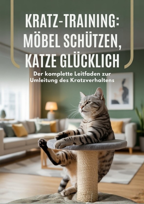 Katze, die in einem Wohnzimmer auf einen Kratzbaum klettert