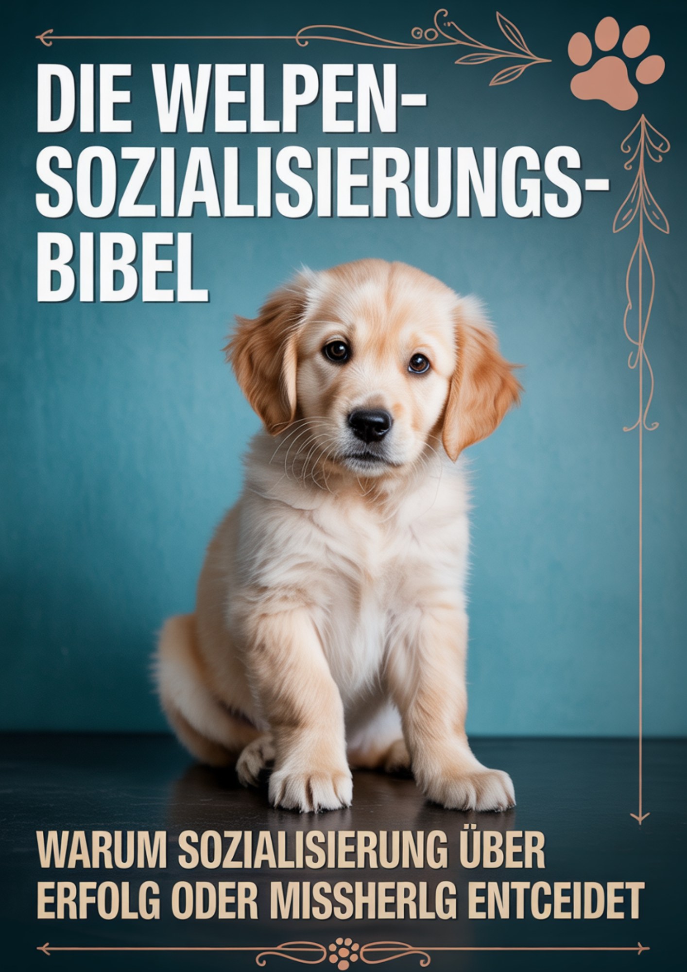 Golden Retriever Welpe sitzt vor blauem Hintergrund mit Titel „Die Welpen-Sozialisierungs-Bibel – Warum Sozialisierung über Erfolg oder Misserfolg entscheidet“ – Ratgeber zur Welpenerziehung und Hundesozialisierung.