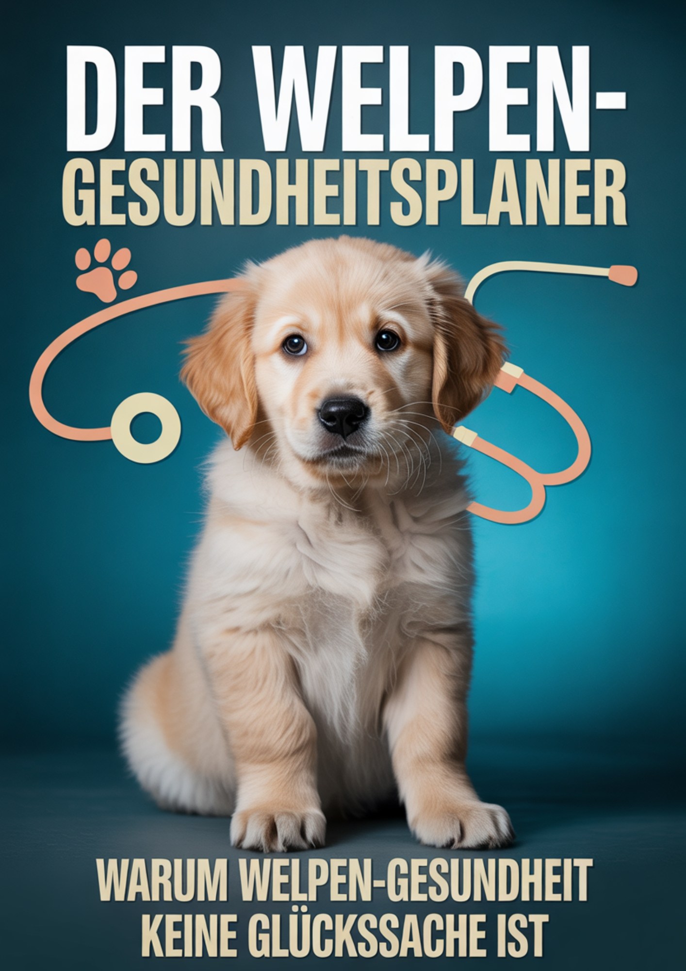 Golden Retriever Welpe vor blauem Hintergrund mit Titel „Der Welpen-Gesundheitsplaner – Warum Welpen-Gesundheit keine Glückssache ist“ und Stethoskop-Grafik – Ratgeber zur Welpengesundheit und Vorsorge.