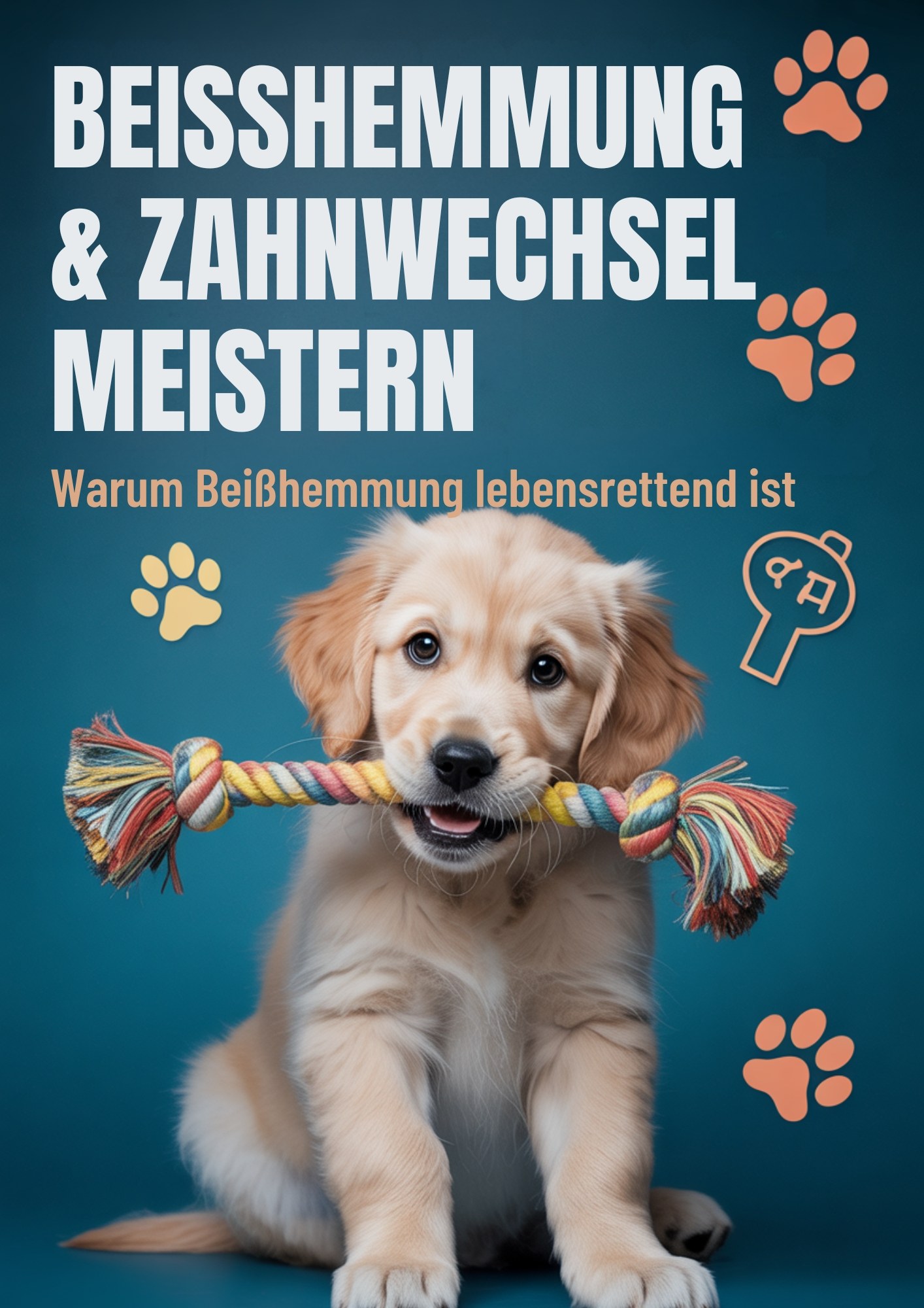 Golden Retriever Welpe mit buntem Kauspielzeug im Maul vor blauem Hintergrund und Titel „Beißhemmung & Zahnwechsel meistern – Warum Beißhemmung lebensrettend ist“ – Ratgeber zur Welpenerziehung und Zahnentwicklung.