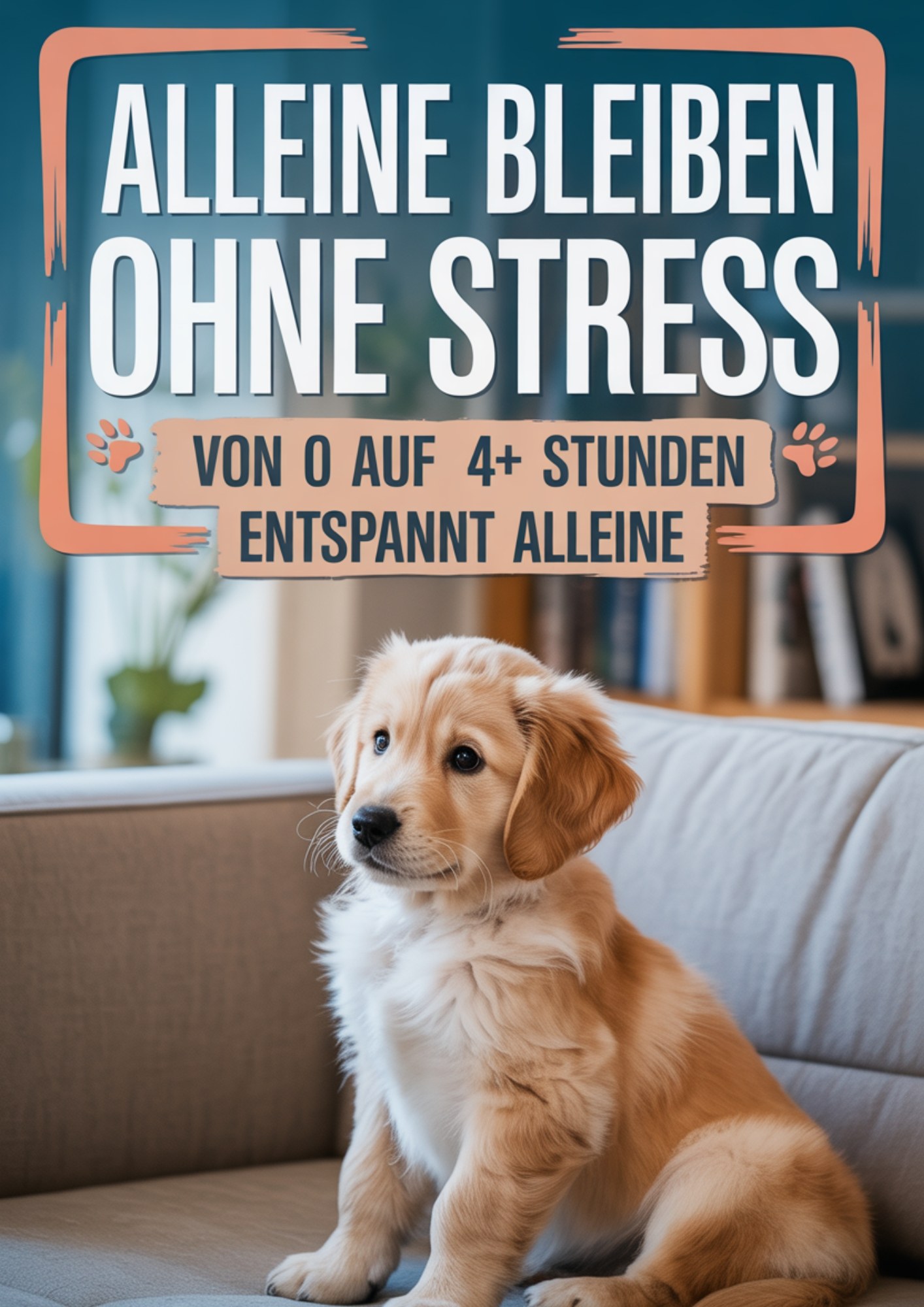 Golden Retriever Welpe sitzt auf Sofa im Wohnzimmer mit Titel „Alleine bleiben ohne Stress – Von 0 auf 4+ Stunden entspannt alleine“ – Ratgeber zur Welpenerziehung und stressfreiem Alleinbleiben.