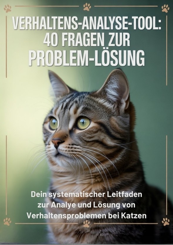Cover Checkliste für Katzen Verhaltensanalyse Tool mit einer sitzenden getigerten Katze