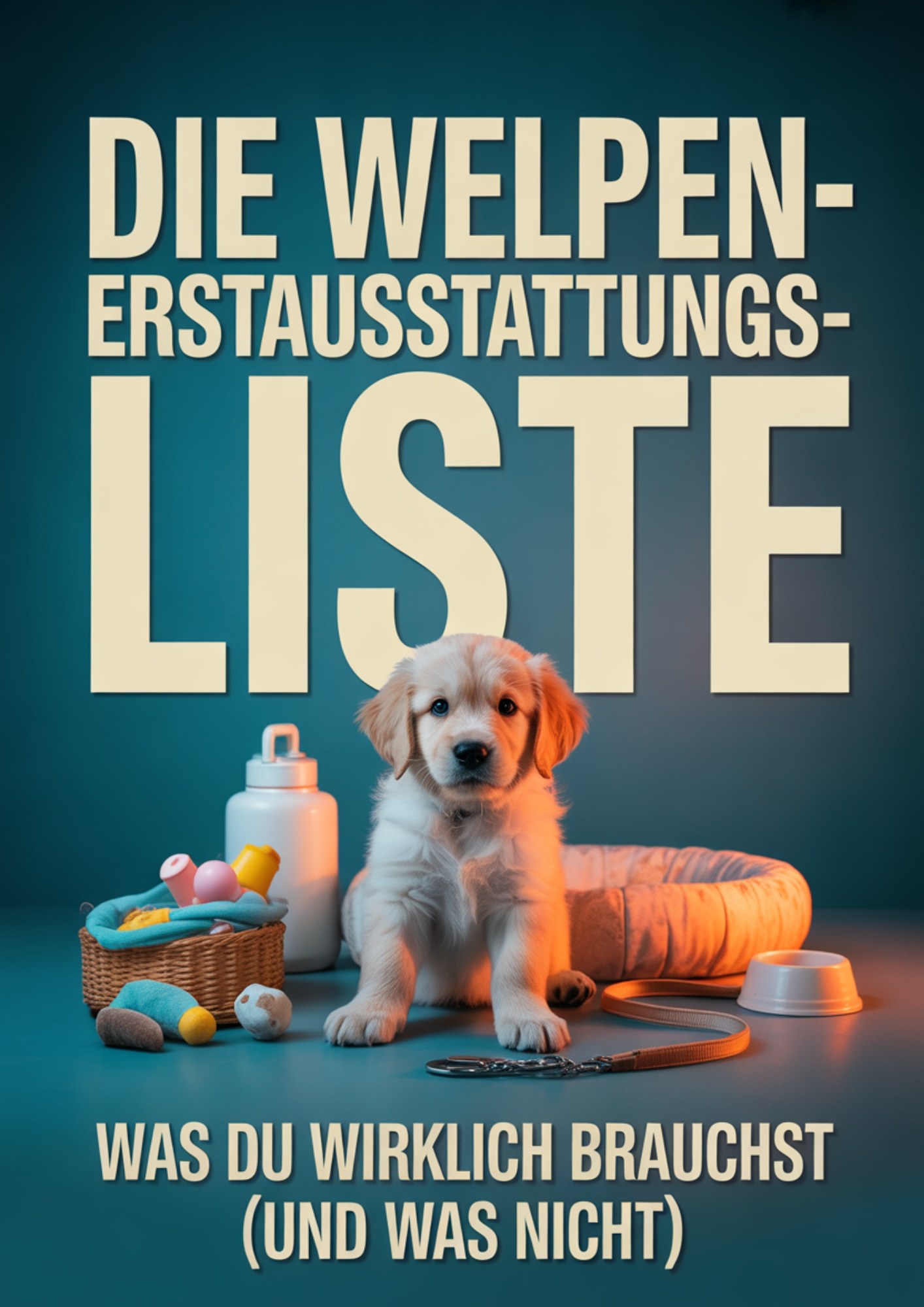 Golden Retriever Welpe mit Erstausstattung wie Hundebett, Napf, Leine und Spielzeug vor blauem Hintergrund mit Titel „Die Welpen-Erstausstattungs-Liste – Was du wirklich brauchst (und was nicht)“ – Ratgeber für Welpenbedarf und Hundezubehör.