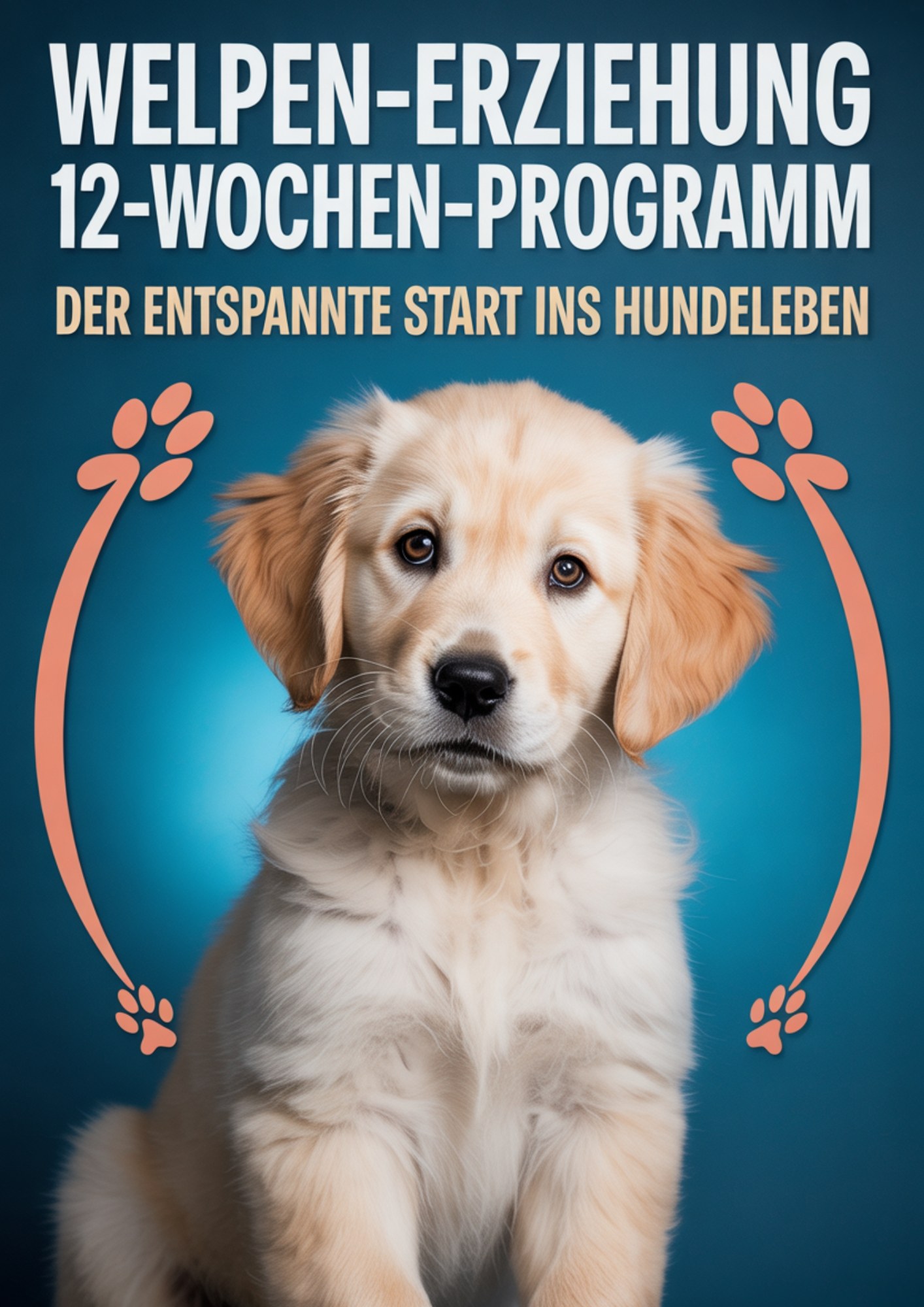 Golden Retriever Welpe vor blauem Hintergrund mit Titel „Welpen-Erziehung 12-Wochen-Programm – Der entspannte Start ins Hundeleben“ und Pfoten-Grafiken – Ratgeber zur Welpenerziehung und Hundeerziehung.