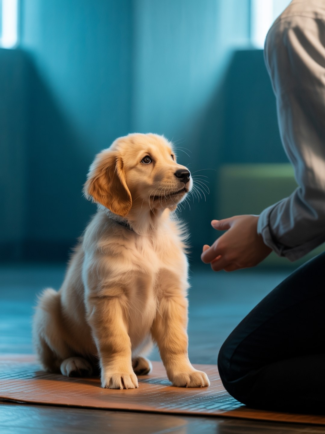 Golden Retriever Welpe sitzt aufmerksam vor einer Person im Innenraum – Grundgehorsamstraining und positive Verstärkung in der Welpenerziehung.