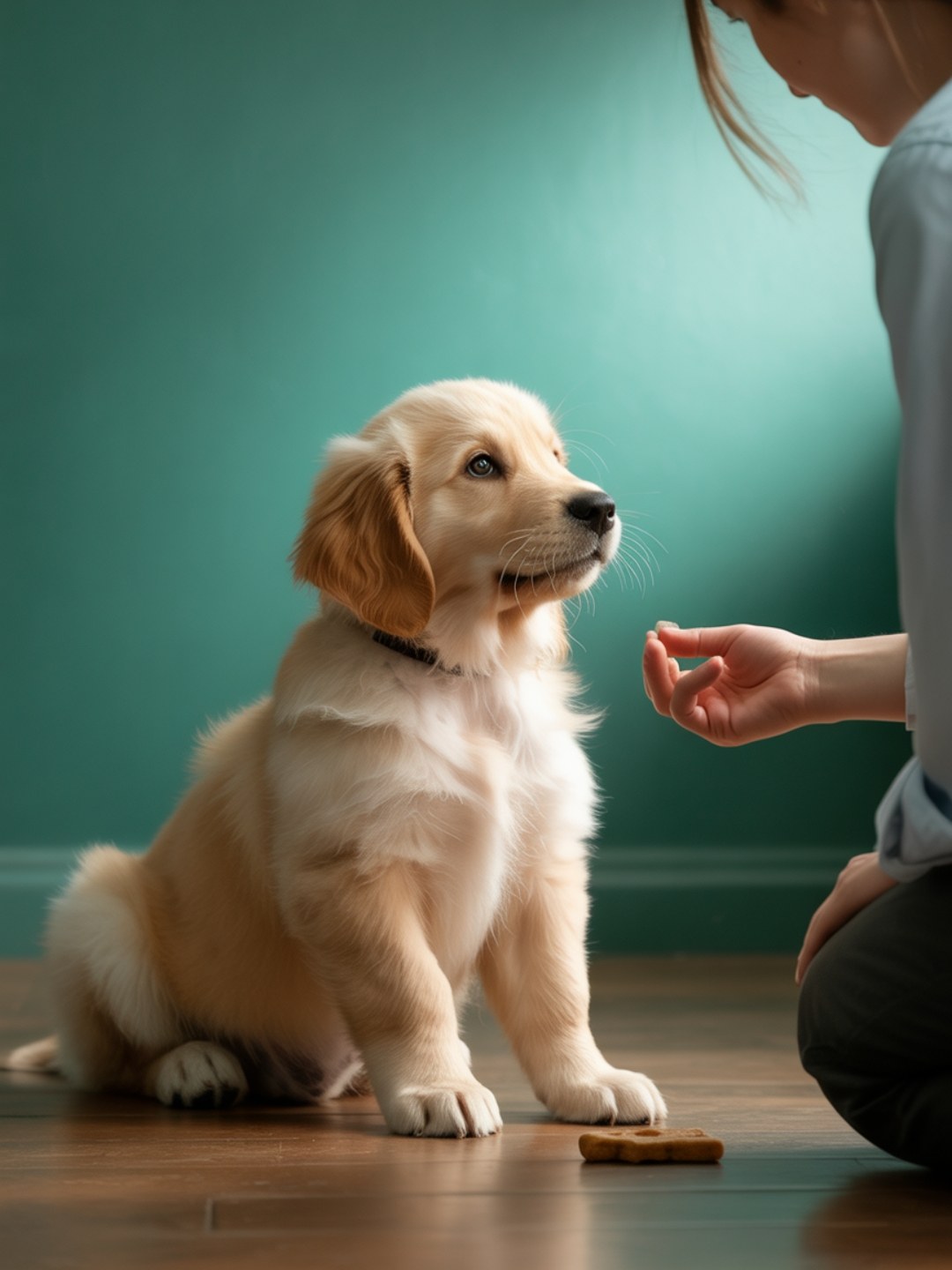 Golden Retriever Welpe sitzt aufmerksam vor einer Person, die ein Leckerli anbietet – positives Training und vertrauensvolle Bindung in der Welpenerziehung.