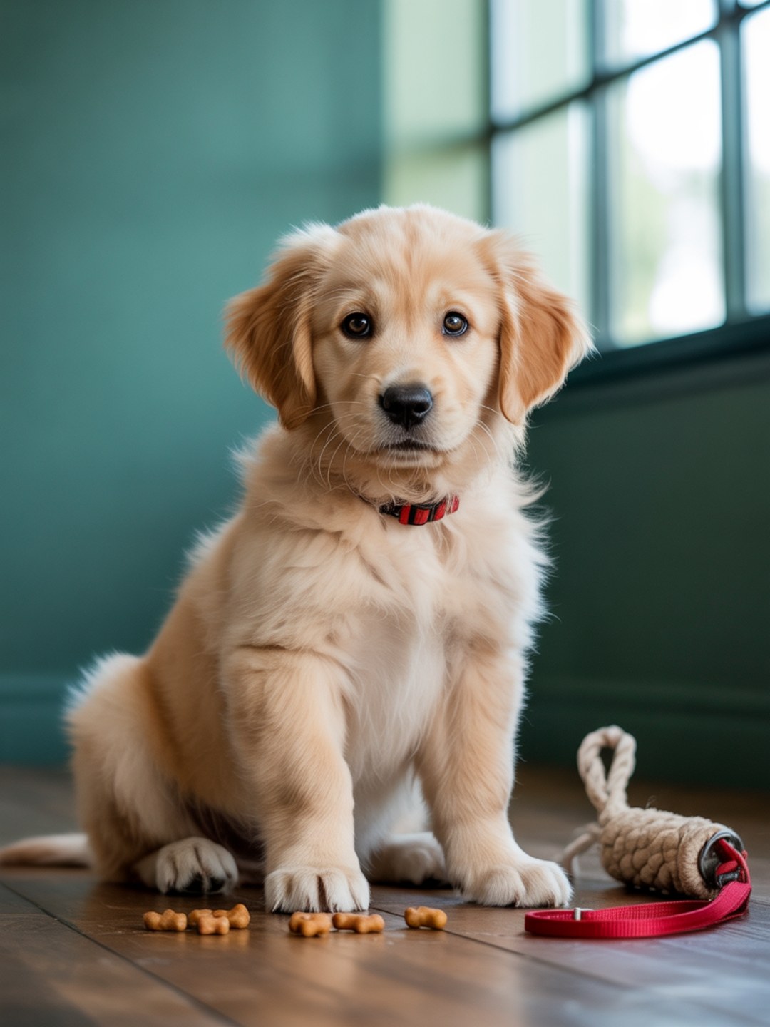 Golden Retriever Welpe mit rotem Halsband sitzt auf Holzboden neben Leckerlis und Spielzeug – liebevolle Welpenerziehung und Training im häuslichen Umfeld.