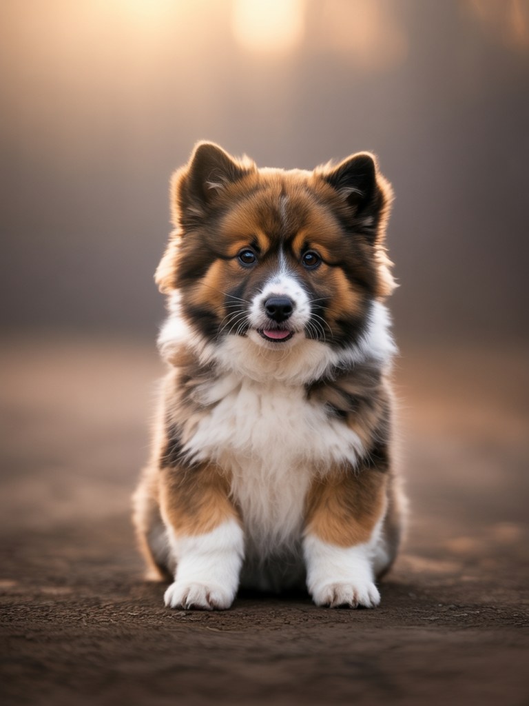 Braun-weißer Welpe sitzt im Freien und blickt neugierig in die Kamera – gesunder, gut sozialisierter Hundewelpe in natürlicher Umgebung.