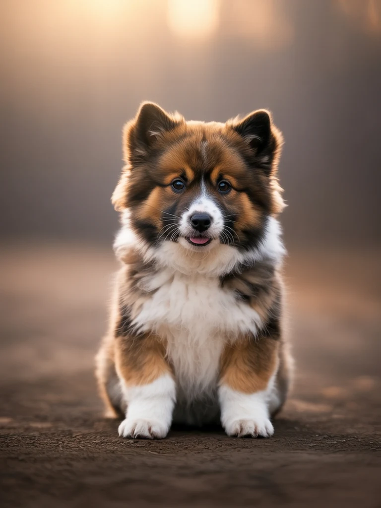 Braun-weißer Welpe sitzt im Freien und blickt neugierig in die Kamera – gesunder, gut sozialisierter Hundewelpe in natürlicher Umgebung.